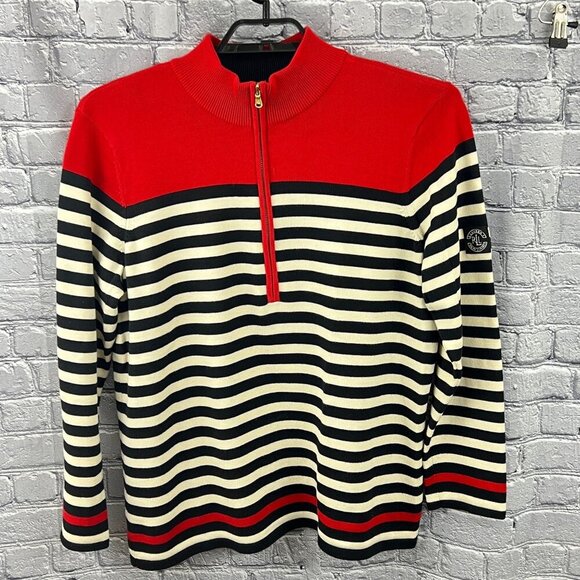 Lauren Ralph Lauren Sweater 1/4 Zip Plus Size 2X Black White Striped Logo Patch - Picture 1 of 8
